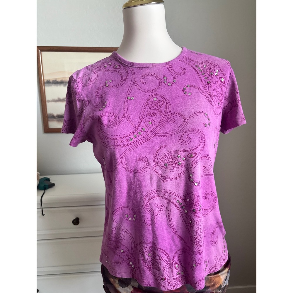 y2k Sonoma Paisley Sequin Top Womens Large Purple Short Sleeve Tee‎